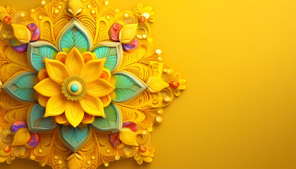 Obraz premium Golden Floral Mandala With Glowing Lights and Purple Flowers. Festival Greeting card and banner