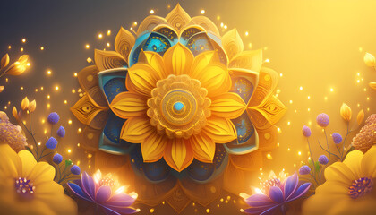 Golden Floral Mandala With Glowing Lights and Purple Flowers. Festival Greeting card and banner