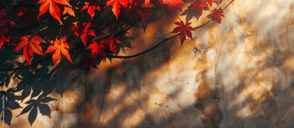 Poster Autumn background with shadow of the maple tree leaves on a wall. Abstract Autumnal scene. with copy space image. Place for adding text or design