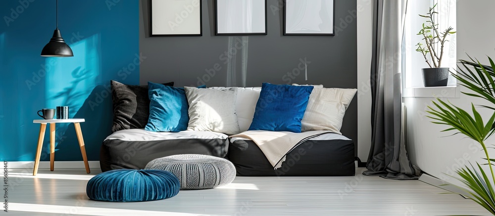 Wall mural contemporary interior of Living room with black,white and blue cushion. with copy space image. Place for adding text or design - Wall murals