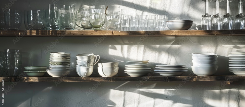 Aufkleber crockery and drinking glasses on shelves in kitchen at home. with copy space image. place for adding