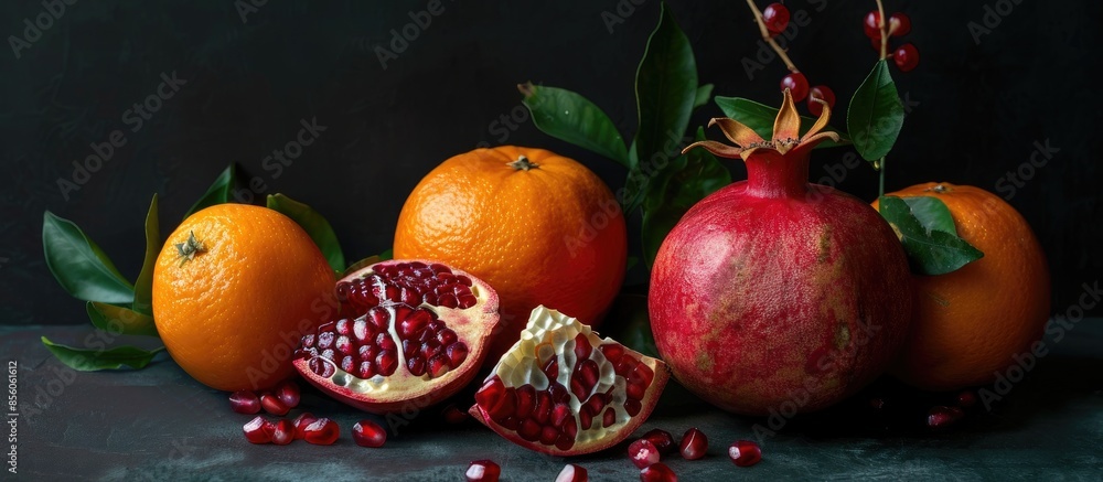 Leinwandbilder still life with pomegranate and tangerine in a dark key. composition of fruits on black background. 