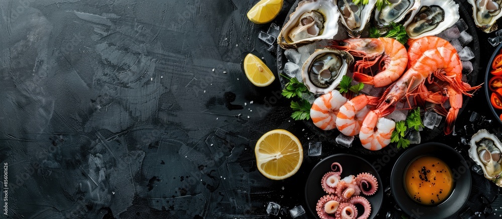 Poster Seafood charcuterie platter board with shrimp, oysters, fish and octopus on black background. Top view, close up. with copy space image. Place for adding text or design