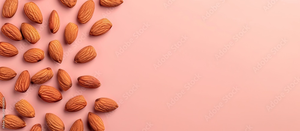 Poster almonds isolated on pastel background almond food. with copy space image. place for adding text or d