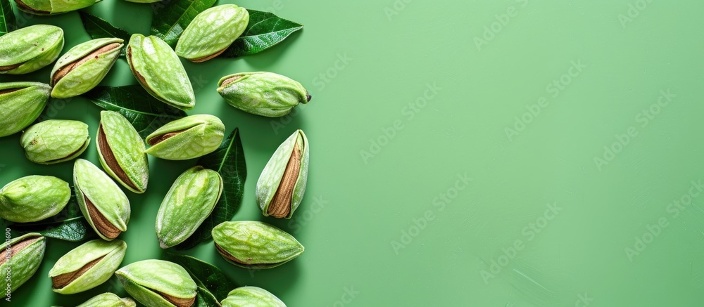 Poster Half Cut Green Almonds with Seeds / Cagla Badem. pastel background. with copy space image. Place for adding text or design