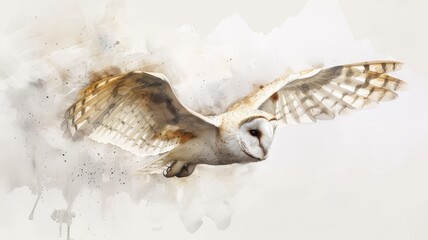 Obraz premium Watercolor illustration of an owl in motion. The dreamy backdrop and delicate details emphasize its beauty.