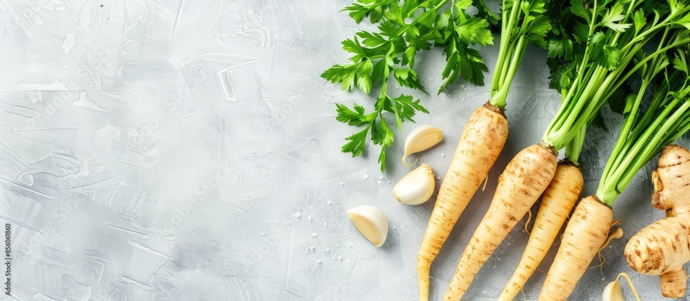 Poster parsnip fresh vegetables pastel background food isolated. with copy space image. place for adding te