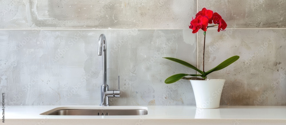 Aufkleber kitchen countertop with a sink and a red flower in a pot with a tile and white countertop. with copy space image. Place for adding text or design