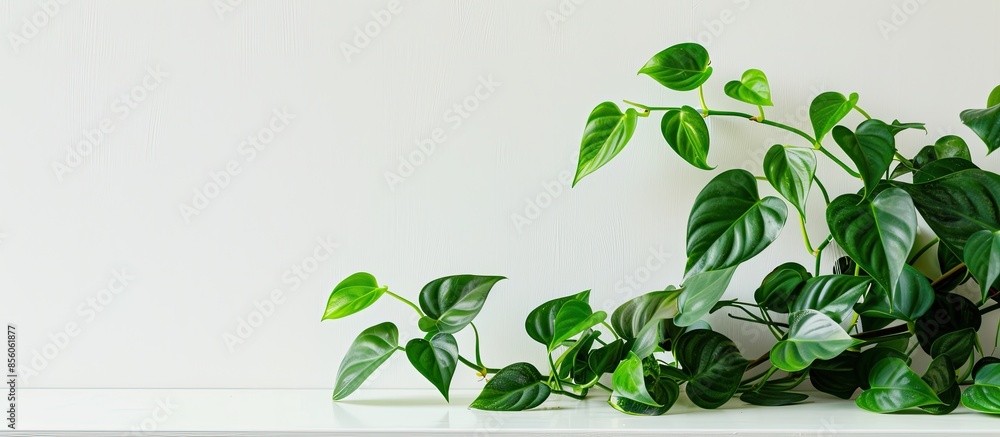 Poster Philodendron on white wood table and white wall. with copy space image. Place for adding text or design
