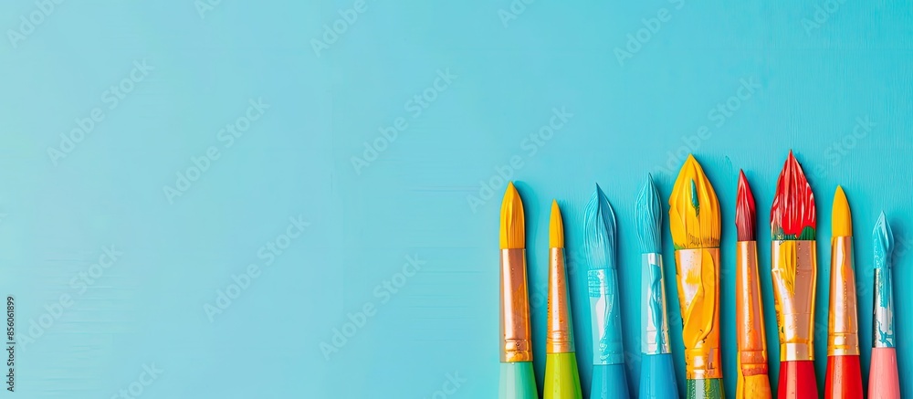 Poster many colorful paint brush of artist be stained isolated on pastel background with copy space object,
