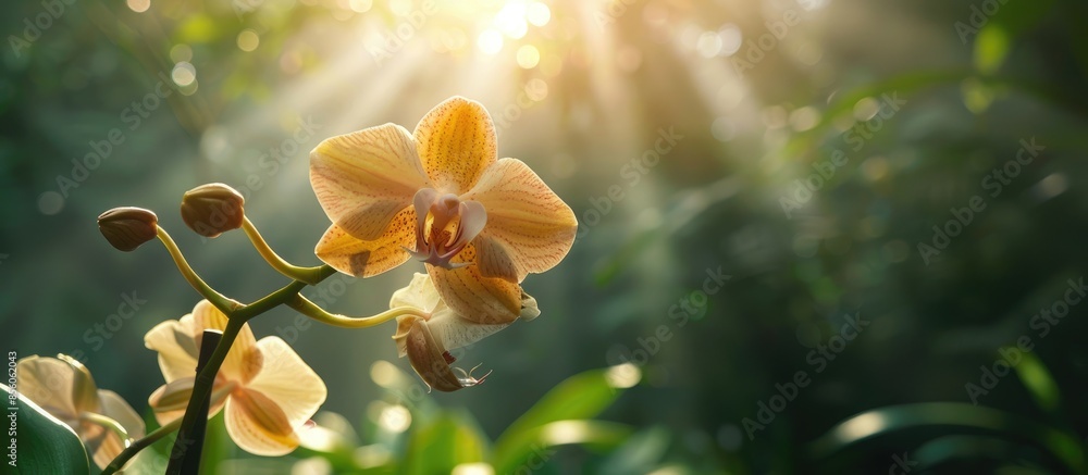 Poster yellow damaged leaf of an orchid plant standing in the sun . with copy space image. place for adding