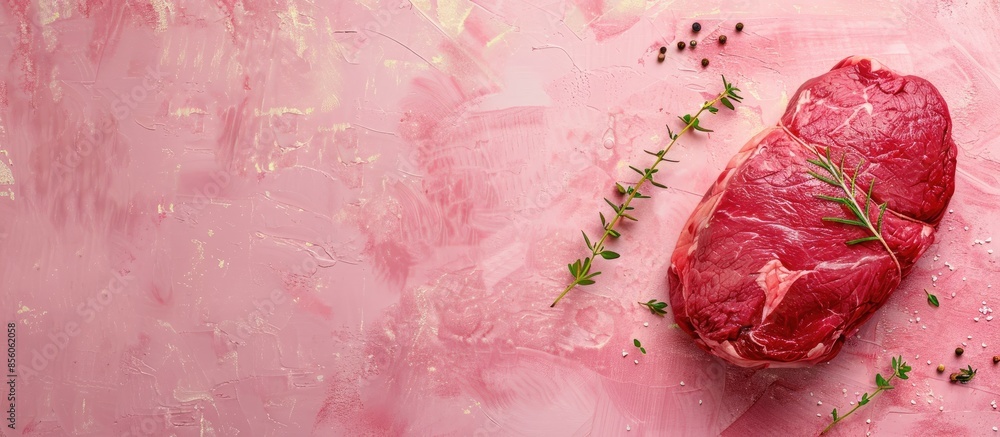 Poster fresh meat beef tenderloin pastel background texture. with copy space image. place for adding text o