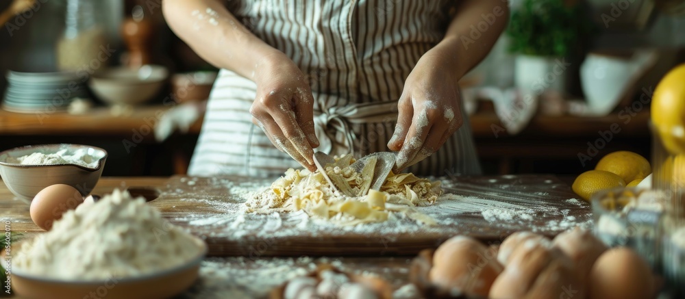 Aufkleber Woman making dough with meat at home on the kitchen table. with copy space image. Place for adding text or design