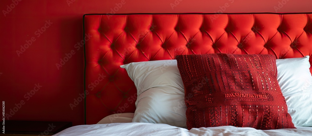 Poster close up of bedside headboard red cover as background. with copy space image. place for adding text 