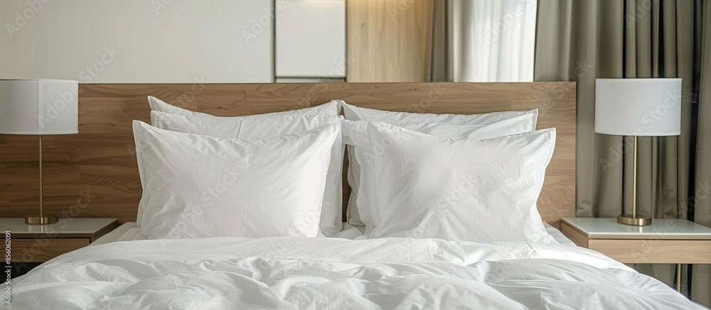 Poster comfortable white pillows decoration on bed. with copy space image. place for adding text or design