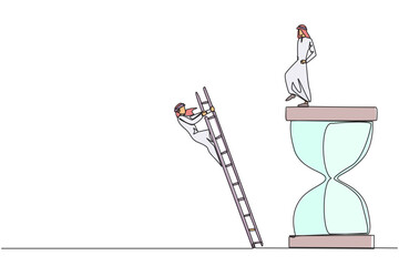 Single one line drawing Arab businessman kicks opponent who climbs the hourglass with a ladder. Not able to complete deadlines well. Dropped roughly. Rival. Continuous line design graphic illustration