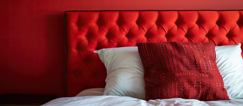 close up of bedside headboard red cover as background. with copy space image. Place for adding text or design