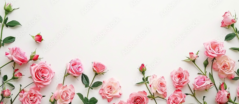 Poster pink roses on white background. with copy space image. Place for adding text or design