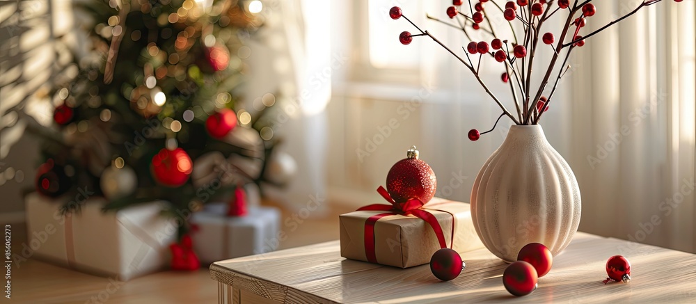 Poster Vase with tree branches, Christmas balls and gift on table in living room. with copy space image. Place for adding text or design