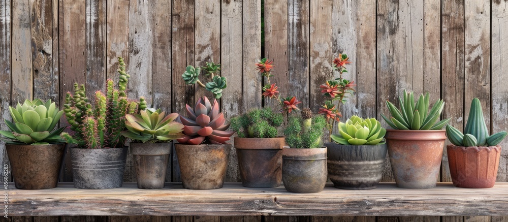 Poster collection of succulent plants in pots on wooden plank. with copy space image. Place for adding text or design
