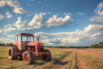Red Tractor on Rural Field