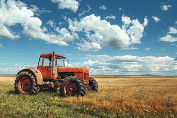 Fototapeta premium Vintage Red Tractor in a Golden Field