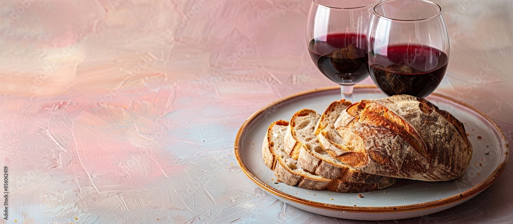 Poster red wine with fresh sliced sourdough bread the staples of life! highkey effect. pastel background. w
