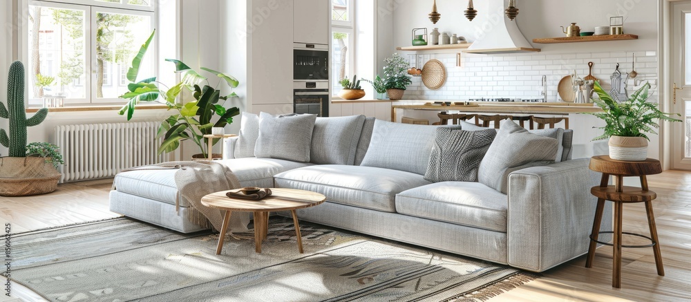 Poster comfortable sofa with cushions placed in light stylish living room near rug and kitchen zone with ba