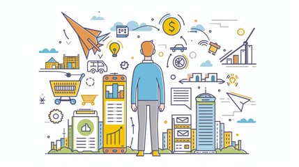 Fototapeta premium Startup online shopping company milestones infographics. Businessman looking to the future. Modern illustration in linear style