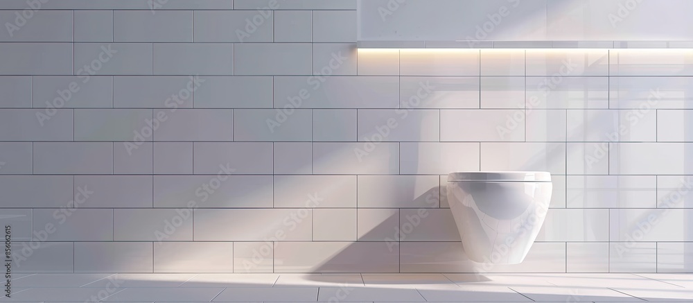 Poster white ceramic toilet placed at white tiled wall with decorative in light stylish bathroom with glowi