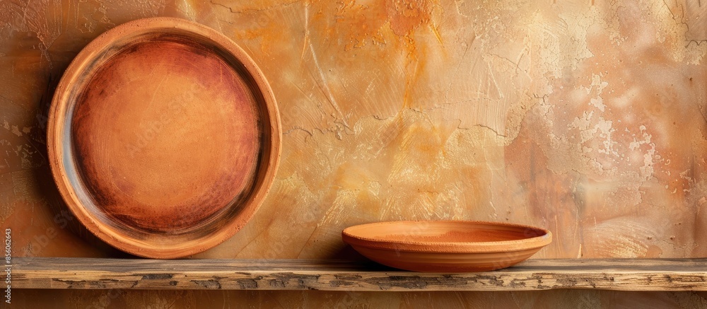 Aufkleber a clay plate is on a wooden shelf. with copy space image. Place for adding text or design