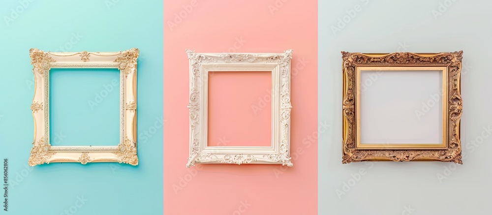 Poster set of golden frames for paintings, mirrors or photo isolated on a pastel background. with copy spac