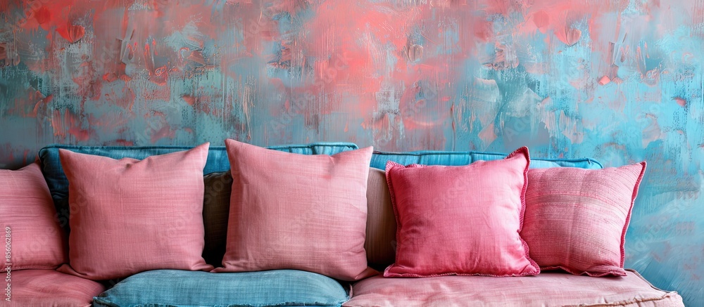 Aufkleber Sofa with pink cushions on decorative ethnic material background. with copy space image. Place for adding text or design