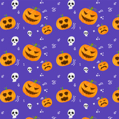 Halloween Pattern with Pumpkins, Skull Spooky Cartoon Style Premium Vector