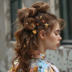 Naklejka premium Portrait of a Young Woman with Celestial Hair Accessories