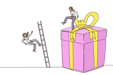 Continuous one line drawing businesswoman kicks opponent who is climbing the gift box with ladder. Competition justifies any means to get rewards. Rival. Single line draw design vector illustration