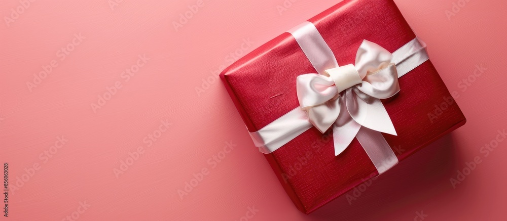 Poster red gift box decorated with satin white bow isolated on pastel background. with copy space image. Place for adding text or design