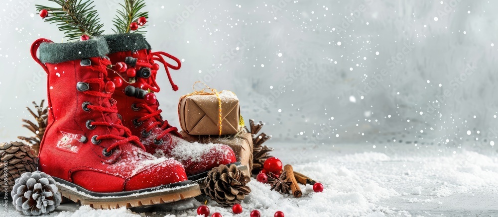 Poster Red boot with Christmas gifts inside decorated with cones ,cinnamon and twigs of pine. with copy space image. Place for adding text or design