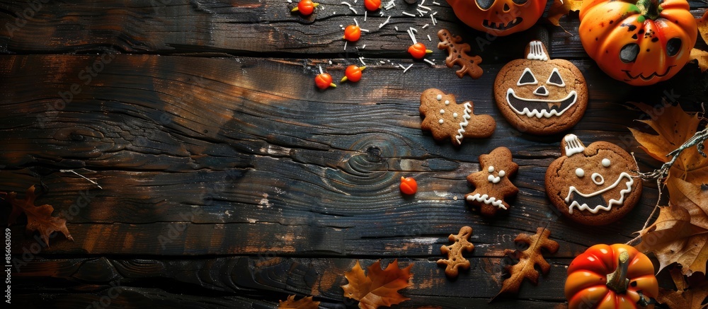 Poster happy halloween! sweets and cookies on the table in the home. preparation for holiday. halloween hom