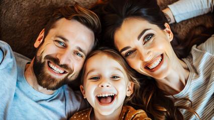 Familia feliz diviritiéndose en casa. Selfie divertido en interior. Momentos divertidos en familia. 