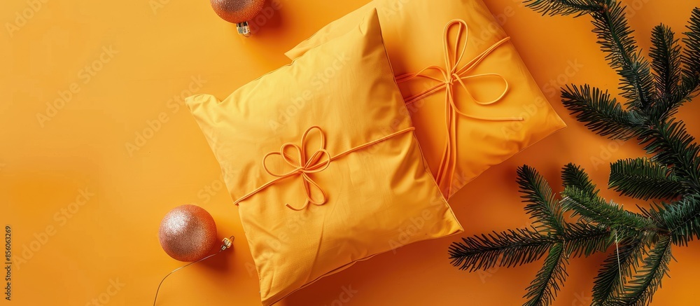 Poster orange pillow case mockup. flat lay, top view photo mockup. holidays decorations. with copy space im