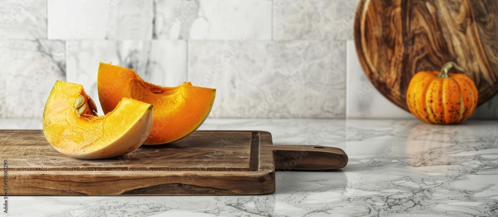 Fototapete slice of pumpkin on cutting board at kitchen counter. with copy space image. place for adding text o