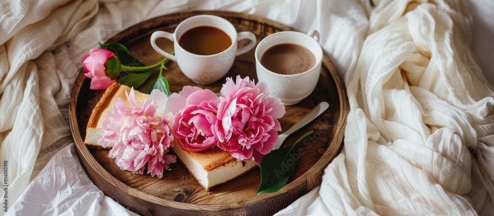 Poster breakfast in bed. beautiful peonies, delicious cheesecake and two cups of coffee on a wooden tray. w