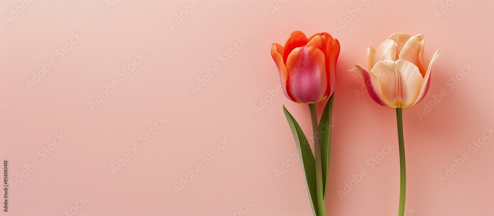 Poster two beautiful tulips isolated on a pastel background. with copy space image. place for adding text o