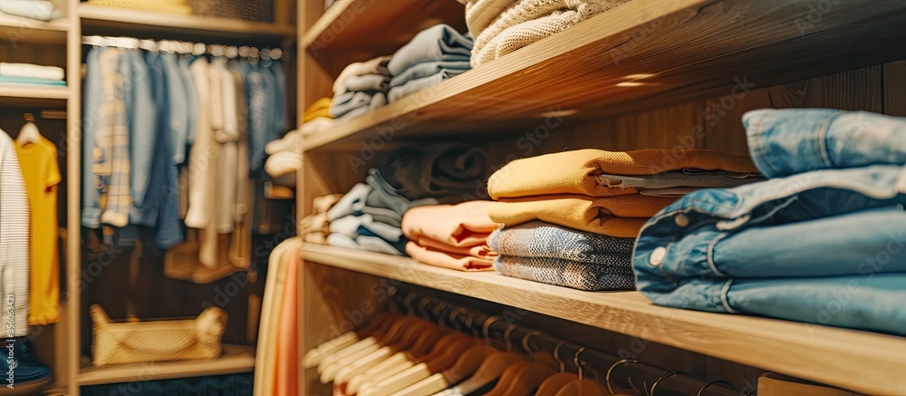Poster open wardrobe with lots of folded clothes, organized closet with piled up clothes modern and clean i