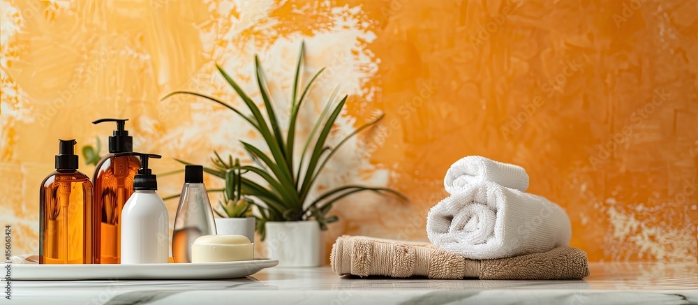 Poster bathing products in the bathroom, spa shampoo, shower gel, liquid soap with a towel beside and vario