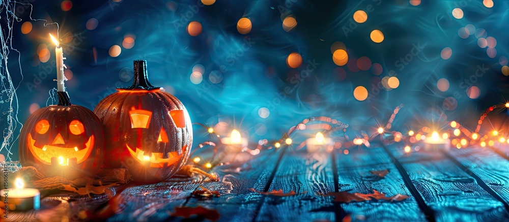 Aufkleber Halloween - Jack O' Lanterns - Candles And String Lights On Wooden Table. Copy space image. Place for adding text or design