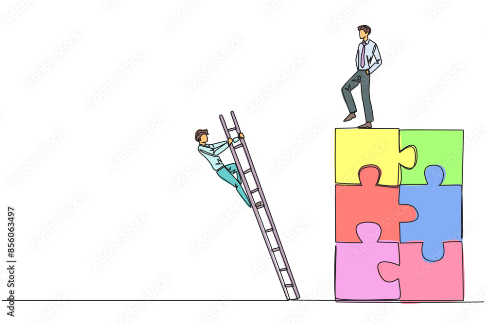 Poster continuous one line drawing businessman kicks opponent who climbing the puzzle with stairs. betrayed