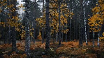 Fototapeta premium Moody Swedish forest in Northern Uppland, photographed in autumn.
