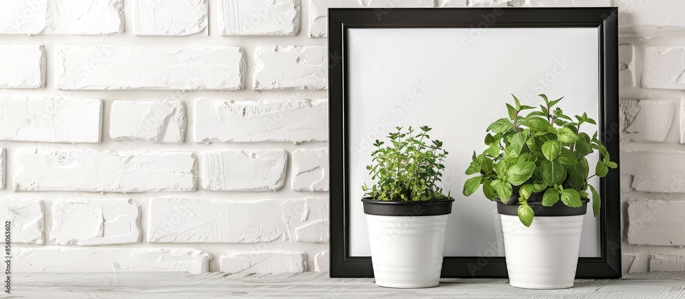 Poster The inscription in a frame on a background of a white brick wall and two pots with herbs. with copy space image. Place for adding text or design